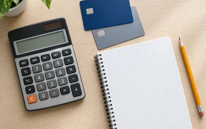 Calculator and credit cards used to review credit utilization