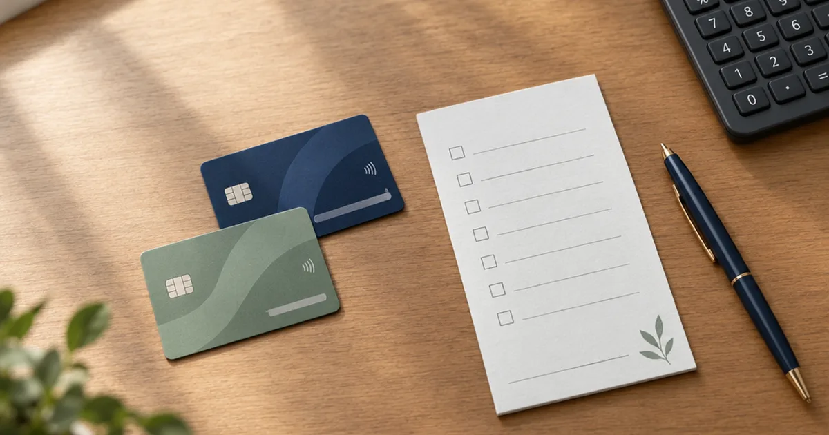 Two credit cards beside a balance transfer checklist on a desk